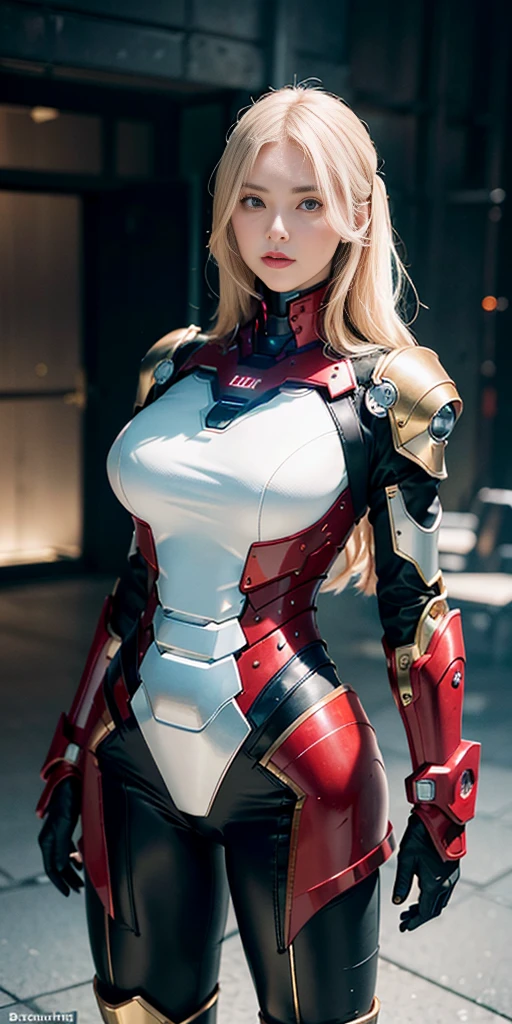 Roh, Meisterwerk, super nice photo, eine Frau, best quality, Ultra high resolution, Fotorealistischer Fotorealismus, Sonnenlicht, full body portrait, amazing beauty, dynamische pose, zartes Gesicht, leuchtende Augen, (Von der Seite), She wears a futuristic Iron Man mech, Farbschema aus Rot und Gold, sehr detaillierter verlassener Lagerhaushintergrund, detailliertes Gesicht, detailed complex busy background, unordentlich, beautiful, milky white, hochdetaillierte Haut, Realistische Hautdetails, Sichtbare Poren, scharfer Fokus, Volumen Nebel, 8K UHD, DSLR, good quality, Filmkorn, Helle Haut, Fotorealismus, Lomographie, huge metropolis in a future dystopia, von unten gesehen, durchscheinend