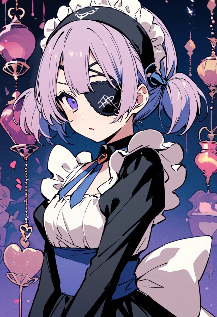 masterpiece, Highest quality, Illustration of the novel, High resolution, 18+ Adult content, Sensual, Intimate, Emotional, Passionate, romantic, sweet, Adorable, Innocent, Pure, Charmな, Charmな, Charm, mysterious, Charmな, Charmな, Immersive, Charmな, dream-like, Surreal, Imaginative, Whimsical, Artistic, Avant-garde, timeless, elegant, Sophisticated, chic, Sophisticated, personality, original, Charmな,((Maid clothes:1.3)),((Loli Pirate:1.3)),((Eye patch:1.3))、((Upper Body:1.3))
