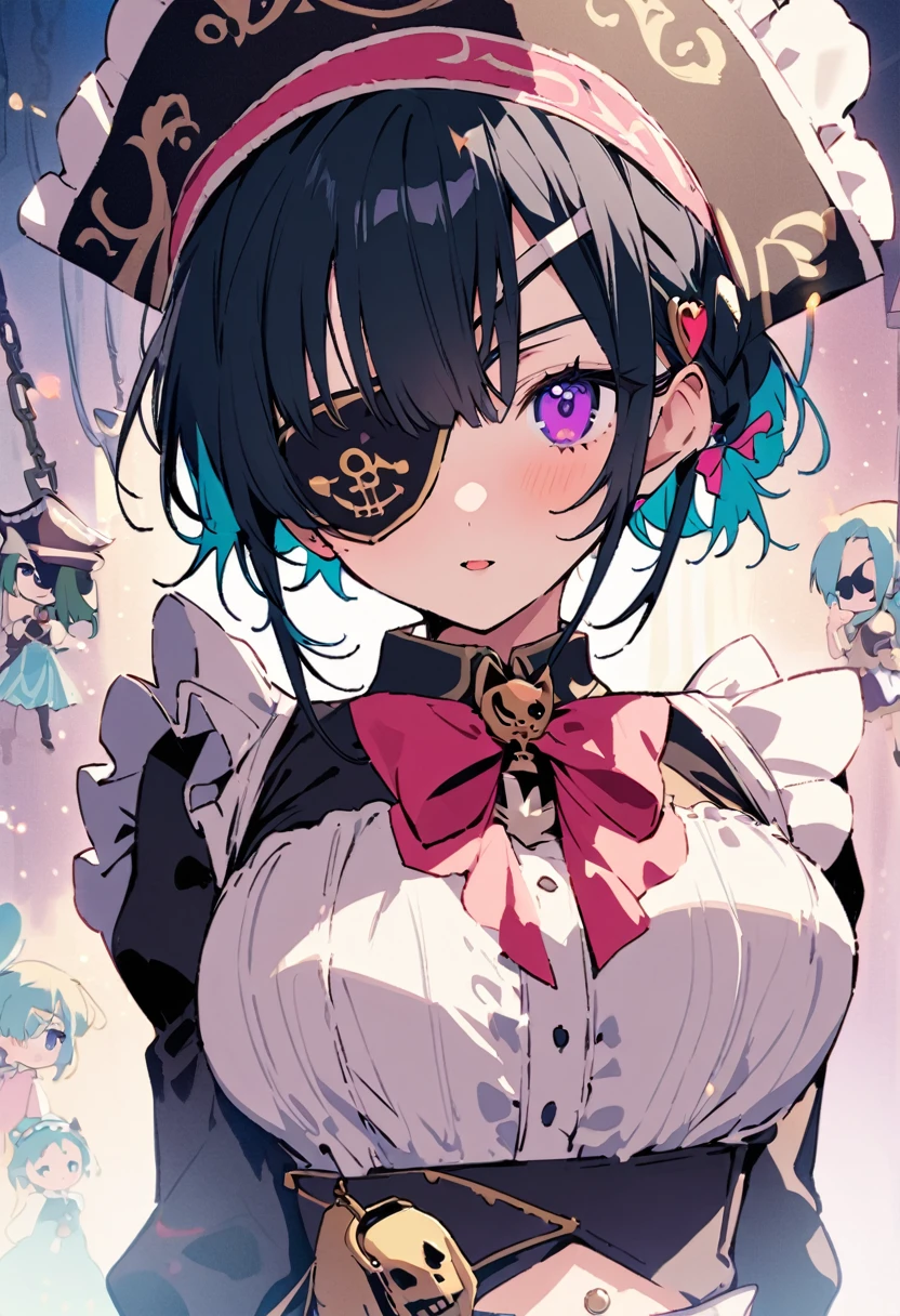 masterpiece, Highest quality, Illustration of the novel, High resolution, 18+ Adult content, Sensual, Intimate, Emotional, Passionate, romantic, sweet, Adorable, Innocent, Pure, Charmな, Charmな, Charm, mysterious, Charmな, Charmな, Immersive, Charmな, dream-like, Surreal, Imaginative, Whimsical, Artistic, Avant-garde, timeless, elegant, Sophisticated, chic, Sophisticated, personality, original, Charmな,((Maid clothes:1.3)),((Loli Pirate:1.3)),((Eye patch:1.3))、((Upper Body:1.3))