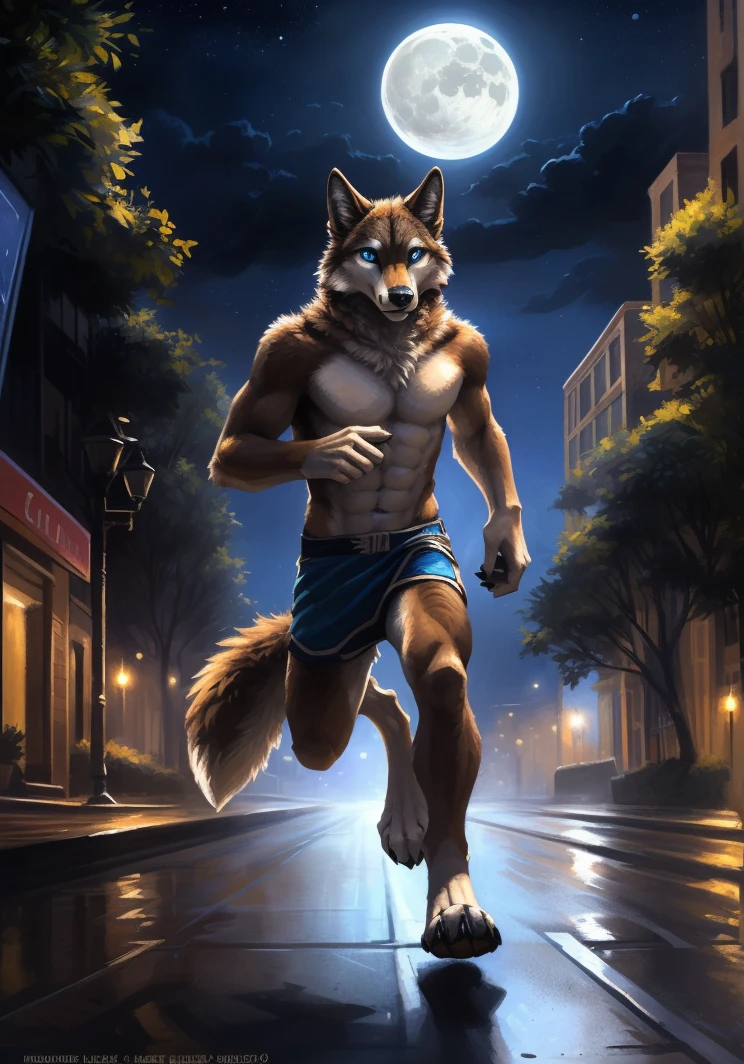((Solo)), male people, anthro wolf, (Multi-colored fur, White-brown:1.3), ((Wolf face, Big eyes, White eyelids, Blue pupil, Slim:1.2) (Tough, Calm expression:1.2)), (Height 2.1 meters,Tail length 1.5m), Abs, Slim, pinging, (Correct anatomy), (Contour bone:1.2), The upper body is naked, (detailed outfits), a long large tail,Feet,(Realistic fur, Detailed fur texture, labeled:1.3)), (Natural lighting), Photorealistic, Hyperrealistic, ultradetailed, by Kenket,In the modern city,the night,Look at the full moon,It was dark,Starry,Running