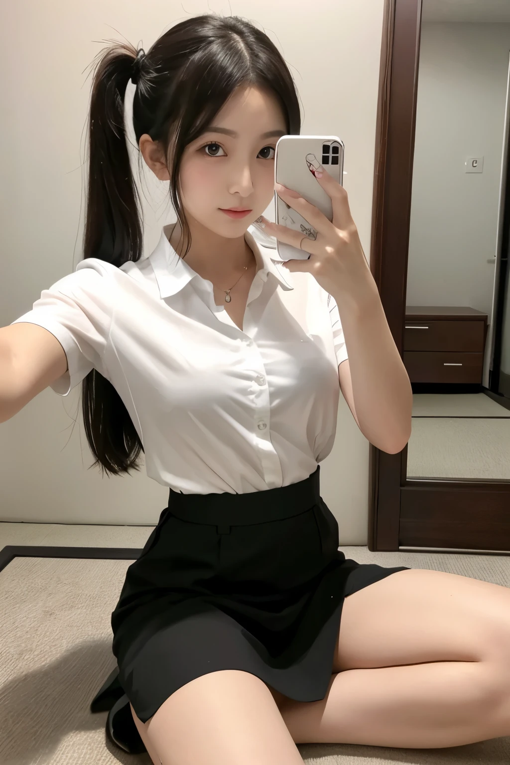 White shirt with black knee-length pants１０Japanese woman wearing the skirt from the commercial　Age teens　Black Hair　Twin tails　Eye color is brown　Her chest is a D cup　height１５５cm Sitting on the floor taking a selfie in the mirror　There is one person　
