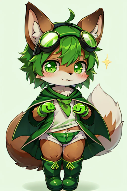 boy, squirrel, furry, bodyfur, tail, green goggles, green collar, green bra, bottomless, green gloves, green boots, chibi, sparkling eyes, green headphones, small penis, testicles, pokemon