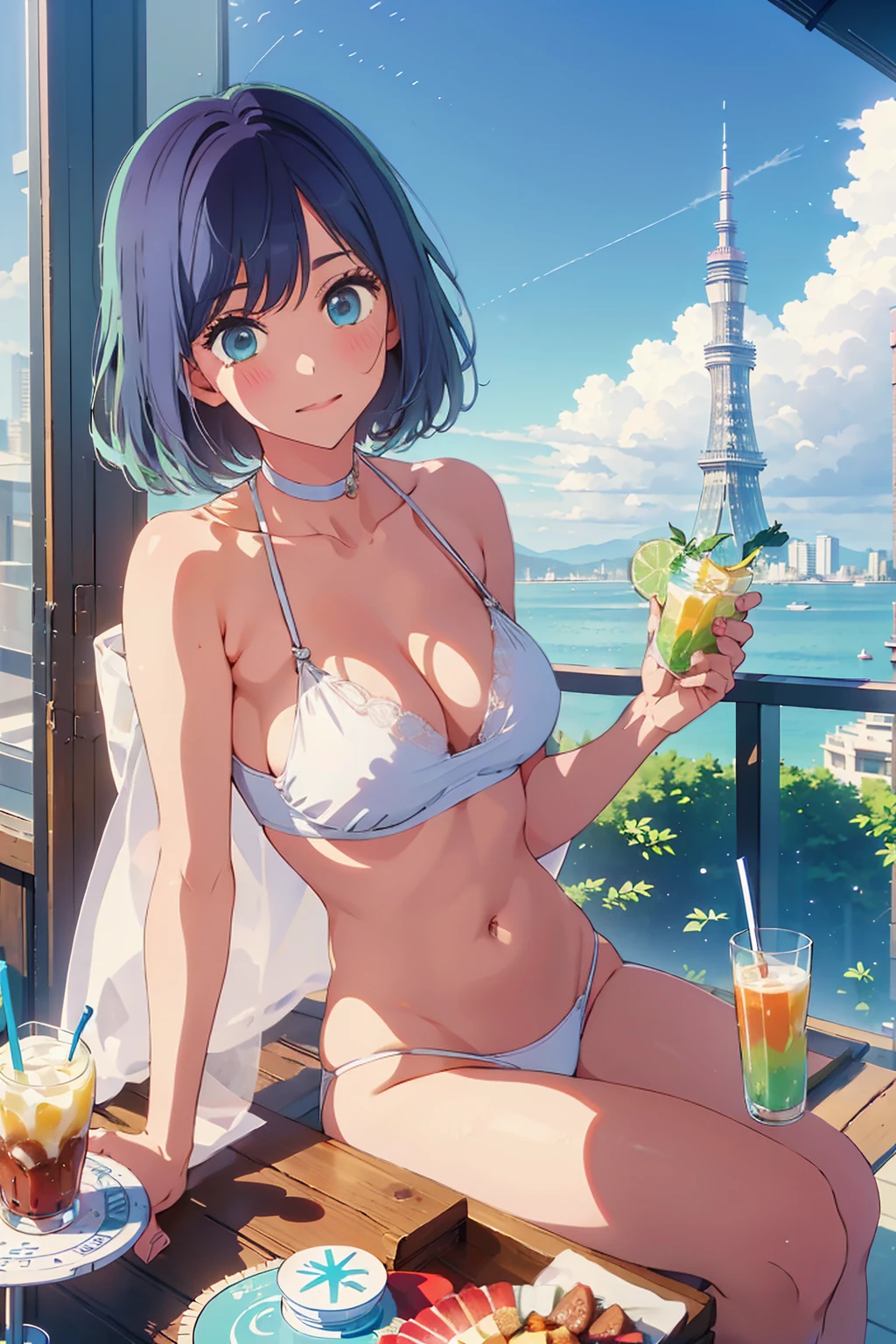 Highest quality,8k,detailed,F cup bust、Big Breasts、Very cute face、Slim and beautiful arms、Slim body、Very white beautiful skin、((((1 person、looking at the camera、smile、Thin white bikini、smile、sit、In the background are the skyscrapers of Tokyo city、Outdoor café terrace、Drink juice、Cheek resting on hand、coastal、table、Shooting from a distance))))、I can see the deep blue sky、She tilted her head slightly、The atmosphere is bright and lively、The woman is at the center of the image。