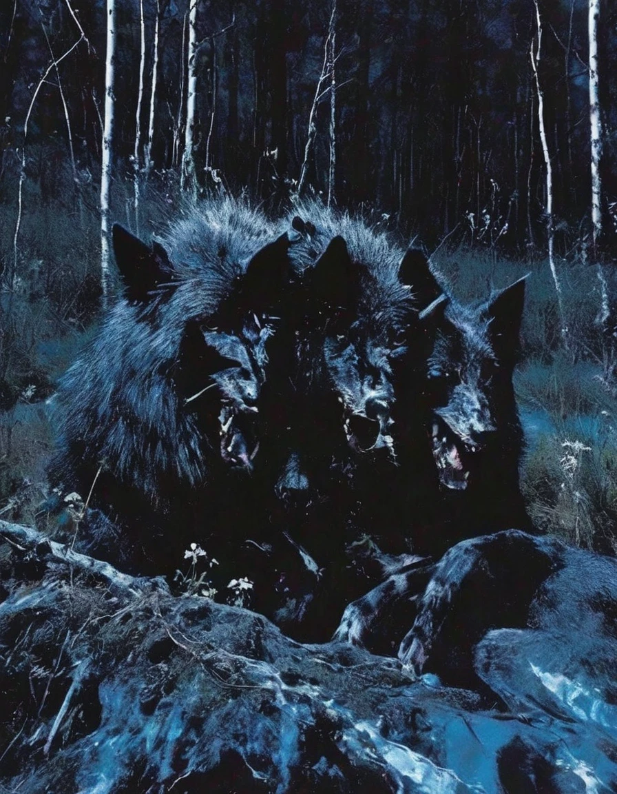 glitch art, fashion shoot, black wolf in forest at night, blue background
