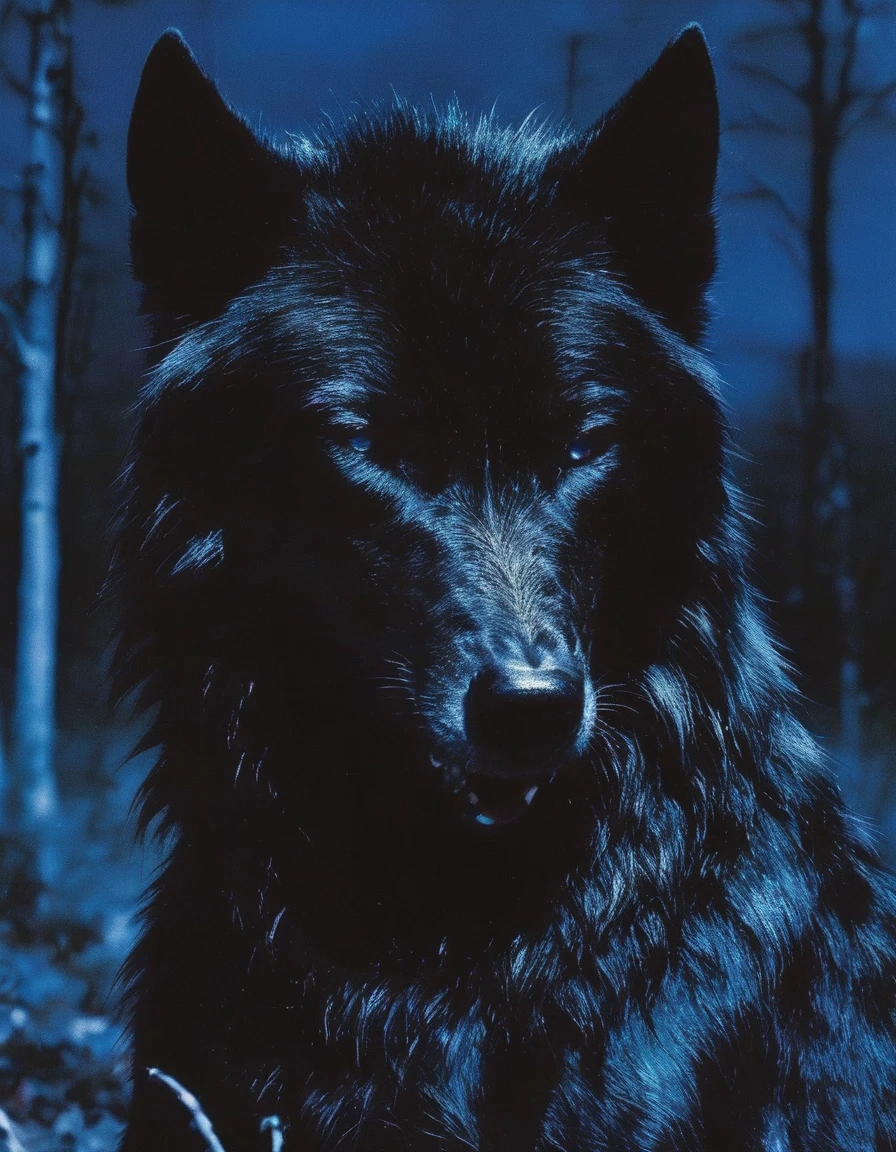 glitch art, fashion shoot, black wolf in forest at night, blue background