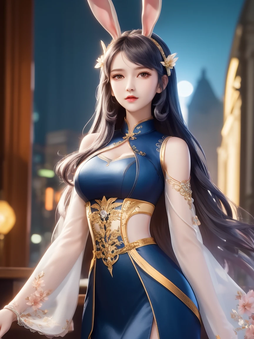 1 Girl,Mature female, Looking at the audience, city View, night, Hair accessories, Long hair, Fake animal ears, skirt,shirt,Garment cutting, Rabbit ears, Separate sleeves,A cute and beautiful girl,Delicate,Peerless Beauty,精致Hair accessories,mercy,(Messy hair),lacy clothing,Soft skin,Fashion,An exquisite painting,Four Leaf Clover Hair Clip,blue,Ultra-high quality,8K,Depth of Field,(Macro lens),Ambient Lighting,emphasize,Upper body animation style,comics,High quality above the waist
