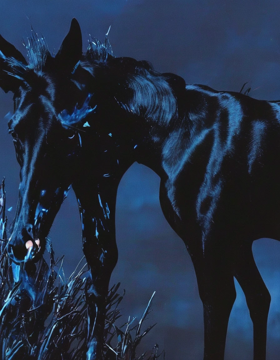 glitch art, fashion shoot, black horse in forest at night, blue background