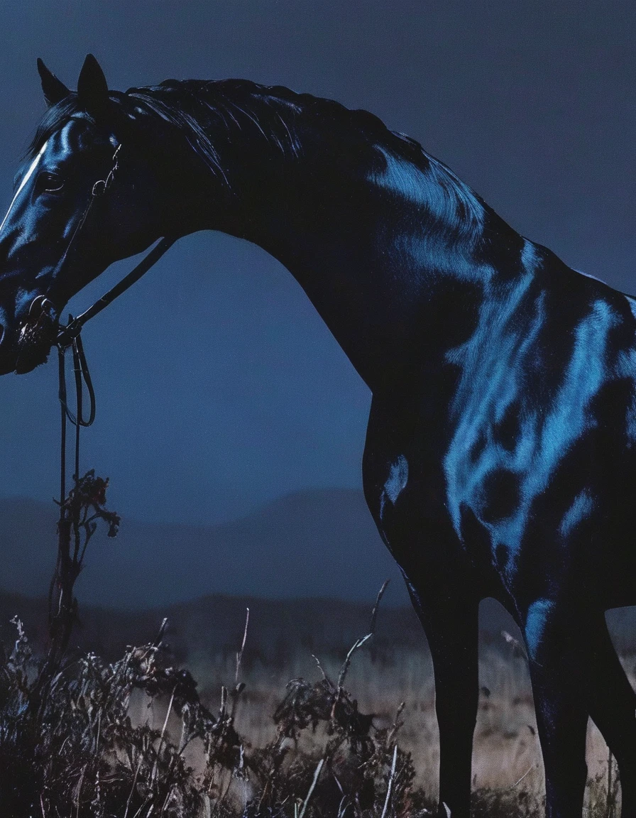 glitch art, fashion shoot, black horse in forest at night, blue background