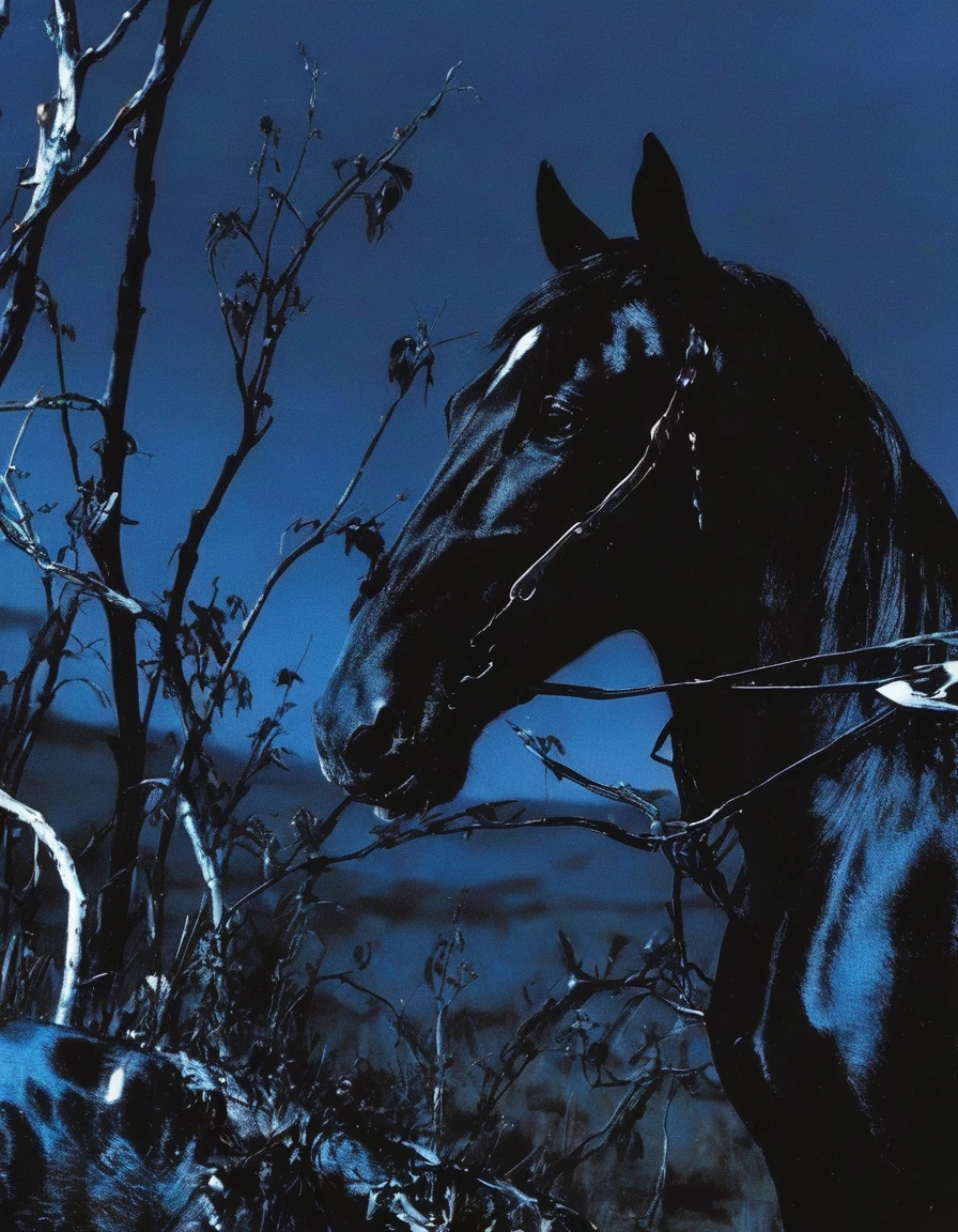  glitch art, fashion shoot, black horse in forest at night, blue background