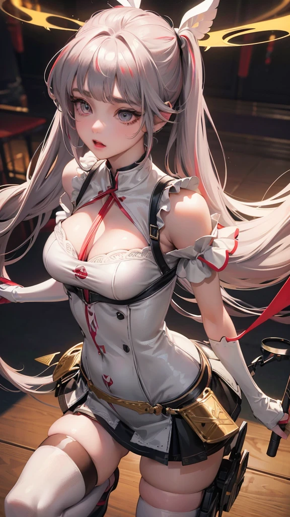 a beautiful girl with short, fluffy mini skirt, knee-high stockings, red-gray hair, twin tails, full body, 3D wallpaper, (best quality,4k,8k,highres,masterpiece:1.2),ultra-detailed,(realistic,photorealistic,photo-realistic:1.37),intricate details,highly detailed face and eyes,extremely detailed skin,delicate features,elegant pose,dynamic lighting,vibrant colors,cinematic composition,ethereal atmosphere