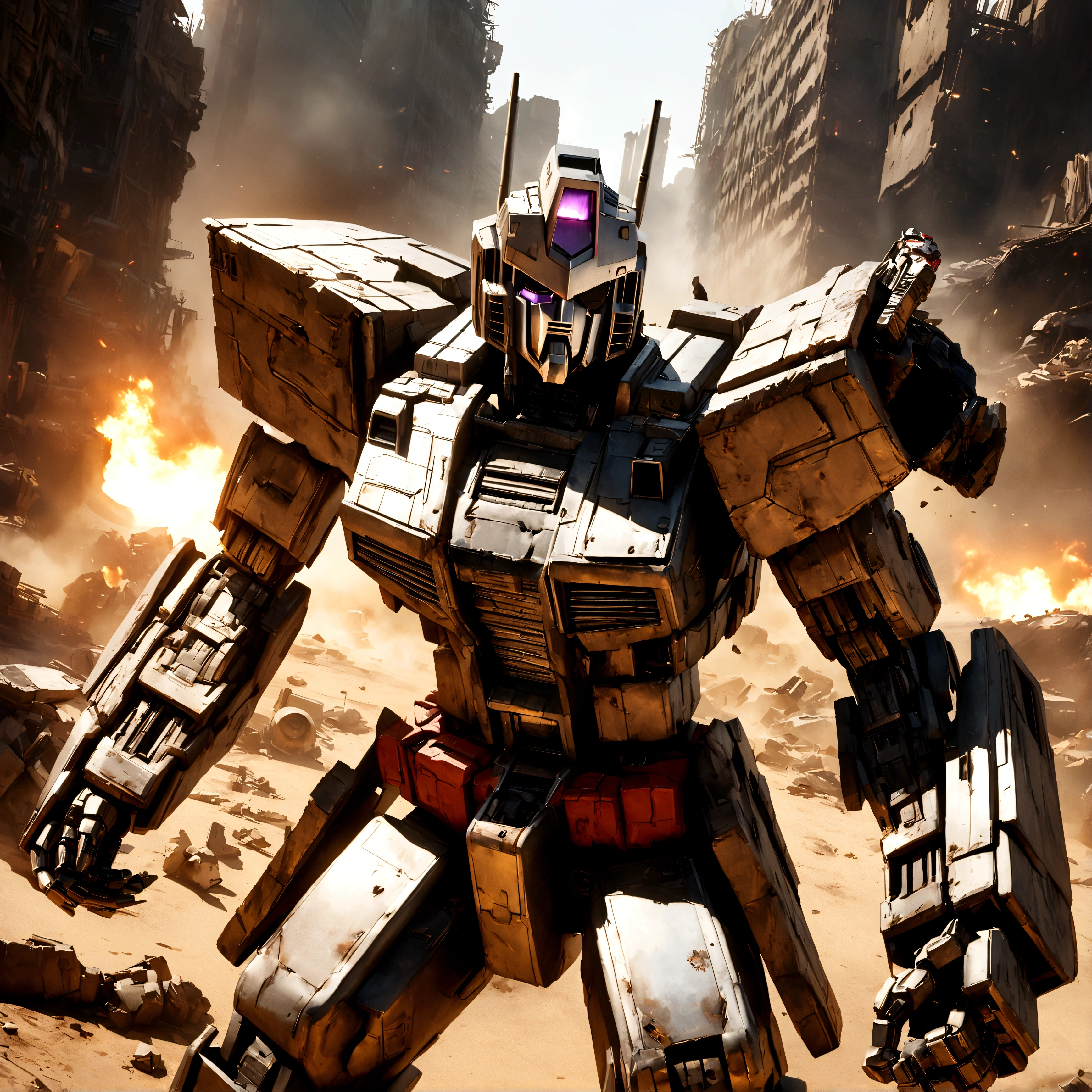 Transformers G1 Megatron, heavily damaged, he has lots of improvised repairs and an eyepatch, furious, 1 robot, extremely detailed, highly detailed, angry expression, dramatic lighting, gritty, battle-worn, rugged, metallic, mechanical, industrial, futuristic, photorealistic, cinematic, 8k, high resolution, masterpiece