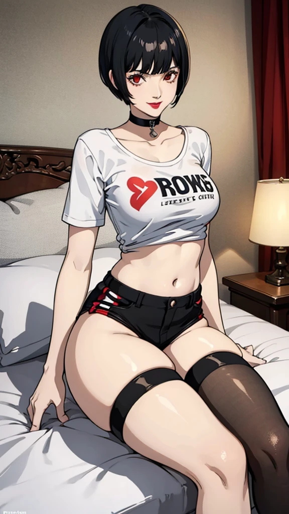 1 girl, Red eyes, very Short hair, black choker, lipstick, smile, black hair, female , tomboy Pixie haircut, t-shirt, belly, shorts, stockings, thicc legs, bedroom, cowboy shot, sit