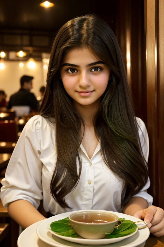 Pretty Persian girl ,rosy cheeks, striking green eyes ,white skin, long dark hair, soft smile, tea, night restaurant