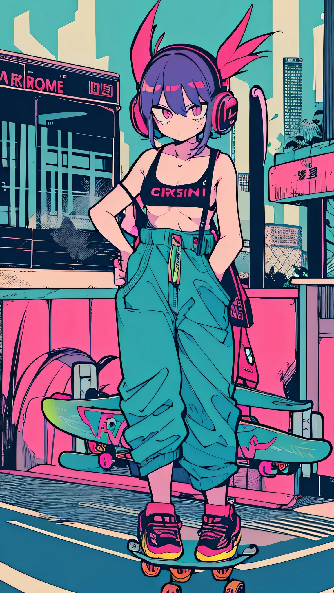 Best quality, (masterpiece:1.2), best detail face,1 girl is walking, small breasts, 18 yo, 8k,absurdres,unity 8k wall paper,(extremely detailed:1.3), highest realistic, (retro headphones:1.1),(psychedelic:1.2),Retro cityscape, 1girl in, retro artstyle, neon art style_Pop, public, outside of house, street signs, loose clothing, 18 yo,Lots of signs with kanji written on them, ((retro city mood)), dark natural pallet, (((Playng Skate board)))