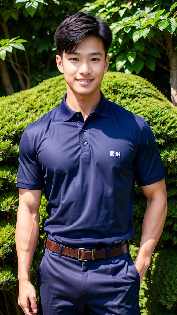(Create a masterpiece: 1.2),(CGI art:1.3),(realistic:1.5),(After processing:1.3),(Sharp focus:1.3),1 man, smile, (Wear a navy polo shirt..), Navy cargo pants, Korean guy , korean men, (High gloss details), chest muscles, large arm muscles, blood vessel, Big muscles, Broad shoulders, looking at the audience, Balancing the eyes, forest, mountain, (Make eye contact)
