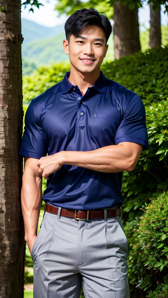 
(Create a masterpiece: 1.2),(CGI art:1.3),(realistic:1.5),(After processing:1.3),(Sharp focus:1.3),1 man, smile, (Wear a navy polo shirt..), Navy cargo pants, Korean guy , korean men, (High gloss details), chest muscles, large arm muscles, blood vessel, Big muscles, Broad shoulders, looking at the audience, Balancing the eyes, forest, mountain, (Make eye contact)
