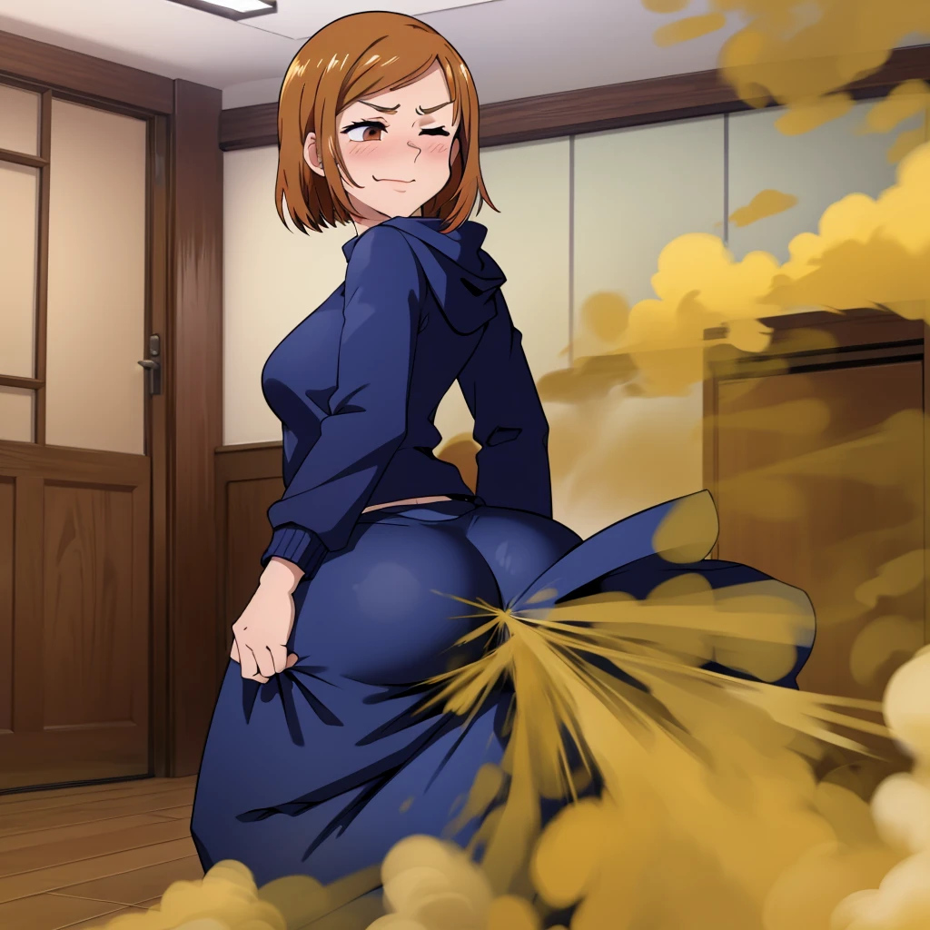 HD, high quality, high resolution, ultrahd, Nobara Kugisaki, 1female, wearing default outfit, dark blue hoodie, white pants, default hair, brown hair, very tall body, thin body, massive fart, yellow smoke, velocity, 1 eye closed, 1 eye opened, forcing, struggling, struggle face, blush leaning, embarrassed, smiling, viewing ass, alone in a room, beautiful lighting, highlights