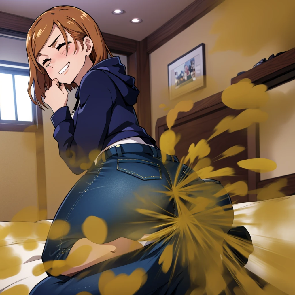 HD, high quality, high resolution, ultrahd, Nobara Kugisaki, 1female, wearing default outfit, dark blue hoodie, white pants, default hair, brown hair, very tall body, thin body, massive fart, yellow smoke, velocity, 1 eye closed, 1 eye opened, forcing, struggling, struggle face, blush leaning, embarrassed, smiling, viewing ass, alone in a room, beautiful lighting, highlights