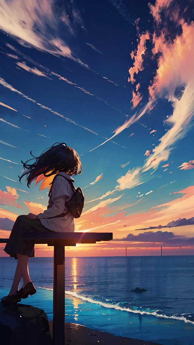 girl with, blows wind,Fluttering hair,gust of wind, Colorful, , masterpiece, Sit up, From Side, From Side, A smile, starrysky, stele