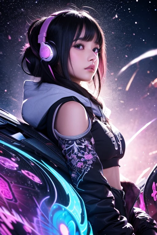 A beautiful girl with striking black eyes, light pink and black hair, glowing white skin, extremely detailed, fractal art elements, floral textures, dynamic pose, abstract background, glowing skin, many colors, earrings, feather, night scene, full of notes, decorative panel, abstract art background, side profile view
A chipmunk with fluffy fur, silver blue outfit, hoodie, headphones, modern and inorganic background, bright lighting, vibrant colors, outside in the stars