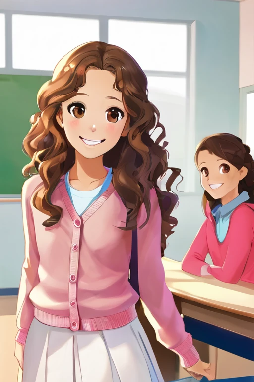 A beautiful young student girl smiling, long brown curls, light brown eyes, white skirt, pink cardigan, in a classroom