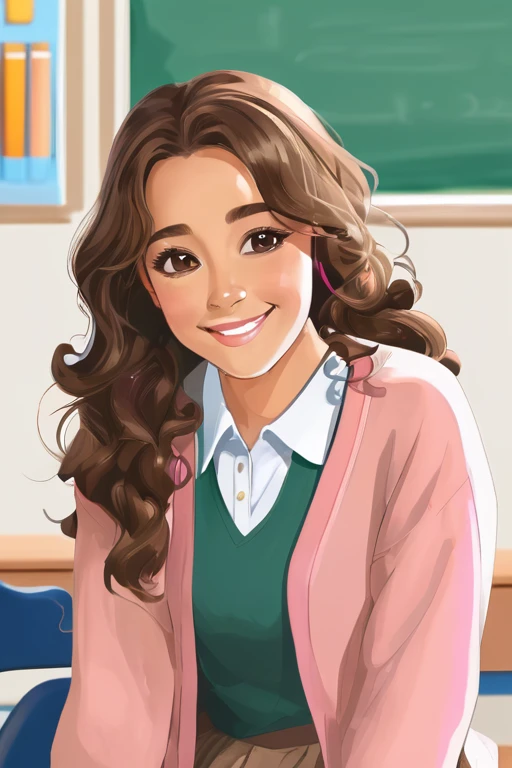 A beautiful young student girl smiling, long brown curls, light brown eyes, white skirt, pink cardigan, in a classroom