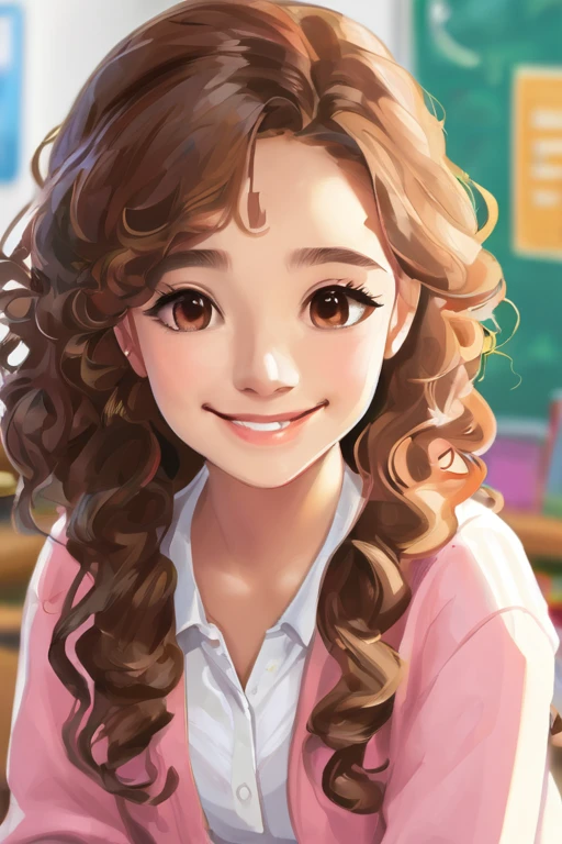 A beautiful young student girl smiling, long brown curls, light brown eyes, white skirt, pink cardigan, in a classroom