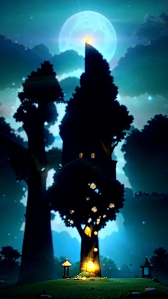 /imagine prompt: An enchanting digital illustration of a serene village named Sukoonpur, with simple and welcoming villagers, a mystical ancient peepal tree in the center believed to house a magical spirit, glowing softly under the moonlight, with a hint of mystery and wonder, Color palette: earthy tones with a hint of mystic blue, warm and inviting expressions on the villagers' faces, Soft, gentle lighting creating a magical atmosphere. --v 5 --stylize 1000 --ar 16:9