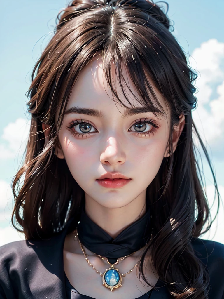 One Girl,(1人のとてもcute女の子:1.3),masterpiece,Highest quality,High resolution,Photorealistic,RAW Photos,Ray Tracing,beautiful girl,(:1.3),cute,Big eyes,(detailed pupils:1.2),(The face is facing straight ahead:1.3),Body facing forward,Beautiful nose,Fuller lips,Short black hair,ponytail,short hair,Detailed eyelashes,Thin eyebrows,Very fine grain definition,(Symmetrical eyes:1.3),(Face close-up,Face Focus:1.0),Small breasts,White and navy blue sailor suit,uniform,grassland,Blue sky and white clouds,Portrait,View Viewer,From below,Cinema Lighting,High resolution,Very detailed