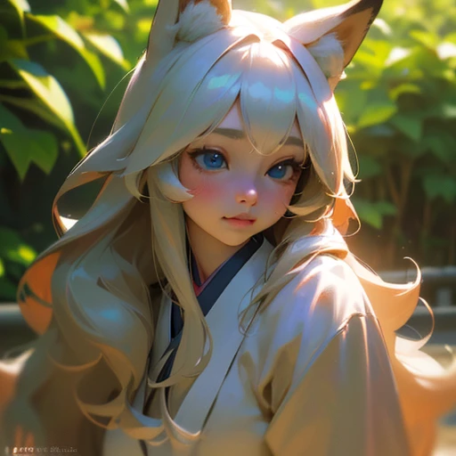 (best quality,4k,8k,highres,masterpiece:1.2),ultra-detailed,(realistic,photorealistic,photo-realistic:1.37),cute,solo young girl with white  long wavy hair,blue eyes,fox ears,fluffy fox tail,wearing traditional Japanese  clothing, summer time in Japan,beautiful garden scenery,lush greenery,colorful