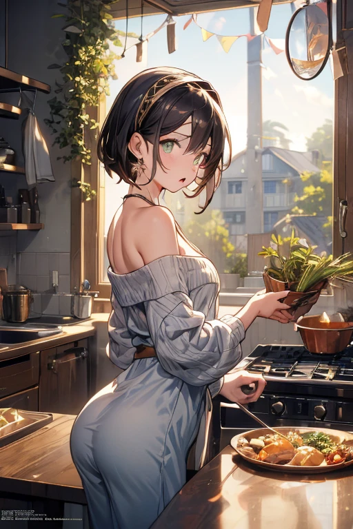 (small breasts:1.3), (perky chest:1.1), (pointed chest:1.0), (fashion magazine cover:1.3),(from below:1.0),(from side:0.9),masterpiece, 1girl, Amazing Cleavage:1.1, thin waist, big ass, Raised sexy, small breast: 1.3, posed cleavage:1.2、solo, looking at viewer, open mouth, have a cute grass of cute beergrass,black hair, dark green eyes, dress, bare shoulders, jewelry, collarbone, sidelocks, hairband, earrings, indoors, off shoulder, :o, sweater, arms behind back, plant, short hair with long locks, gild hairband, off-shoulder dress, sweater dress, off-shoulder sweater, red sweater, dark gord hair, big side hair, very long side hair,is rendered in (masterpiece: 1.2, best quality), with (ultra high resolution) and an exquisite (depth of field). This masterpiece is not only visually stunning but also tells,A scene of cooking in the kitchen by classroom