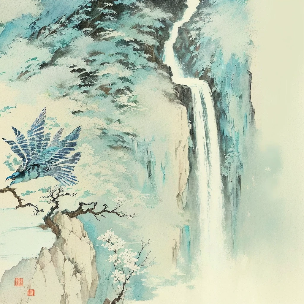 There is a painting,The painting shows a bird flying over a waterfall, inspired by Zhang Shunzi, Chinese painting style, zhang daqian, Inspired by Dong Qichang, Inspired by Qiandu, Inspired by Wang Shishen, inspired by Shen Shichong, inspired by Hu Jieqing, Inspired by Ma Yuan, Inspired by Li Di