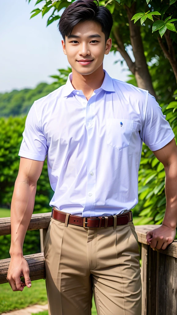 (Create a masterpiece: 1.2),(CGI art:1.3),(realistic:1.5),(After processing:1.3),(Sharp focus:1.3),10,1 man, smile, (Wear a white school shirt.), blue cargo pants,brown belt, Korean guy , korean men, (High gloss details), chest muscles, large arm muscles, blood vessel, Big muscles, Broad shoulders, looking at the audience, Balancing the eyes, forest, mountain, (Make eye contact)
