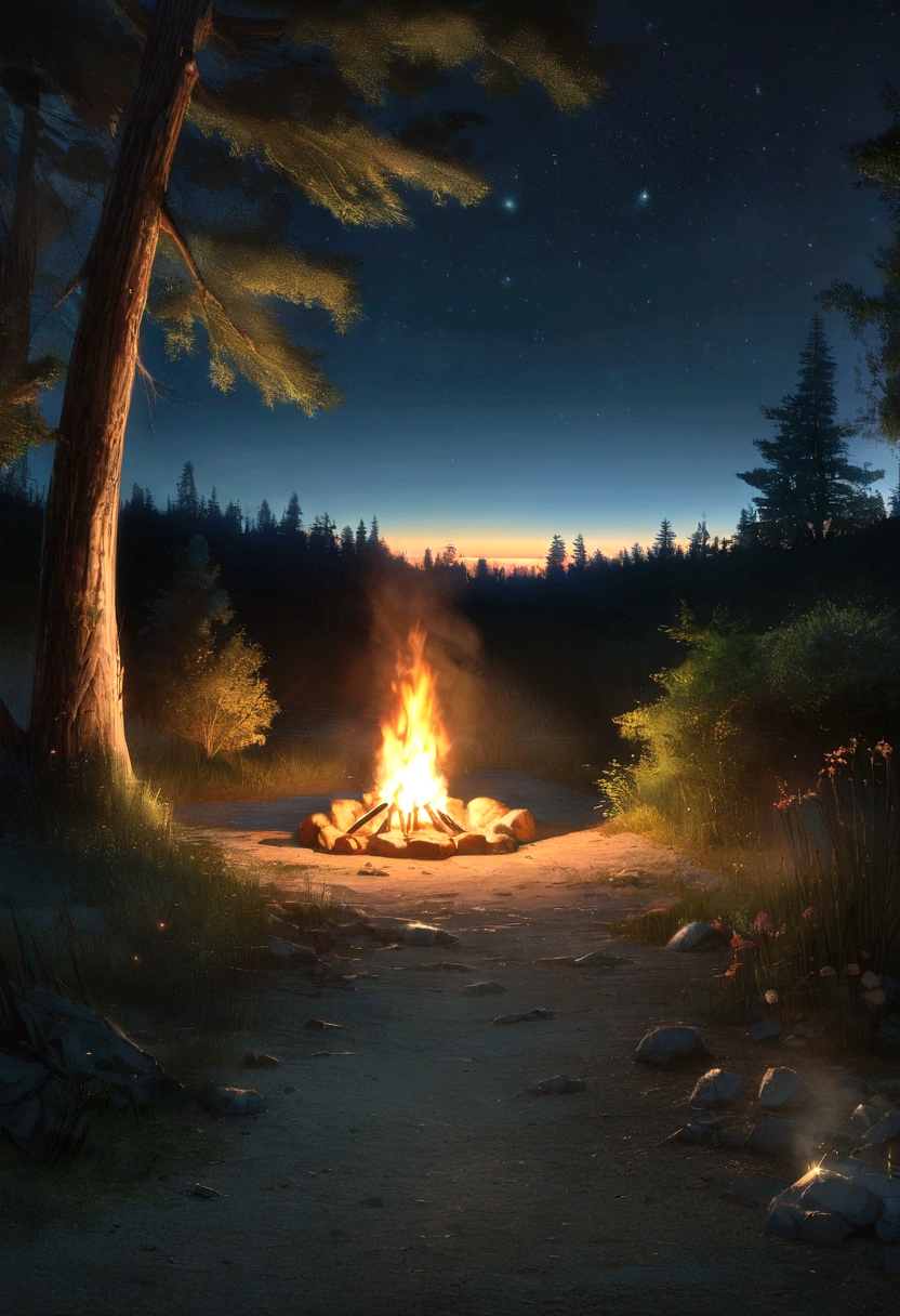 landscape, summer, night, forest, Campfire in one place, unmanned, Nobody, Starry Sky, HD detailed, Super detailed, movie, Hyperrealism, Soft Light, Deep focus bokeh, Ray Tracing, Hyperrealism. , アートステーション pixiv gwise, makoto shinkai, art germ