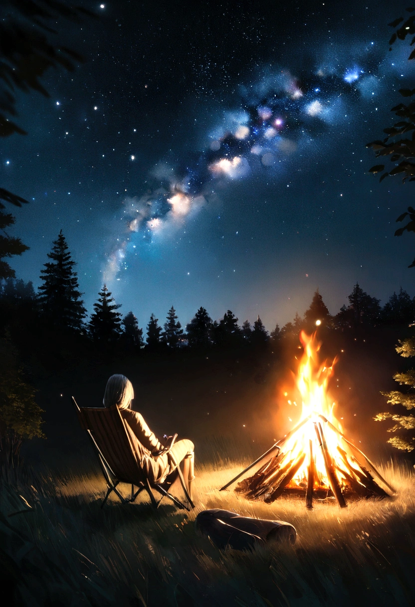 landscape, summer, night, forest, Campfire in one place, unmanned, Nobody, Starry Sky, HD detailed, Super detailed, movie, Hyperrealism, Soft Light, Deep focus bokeh, Ray Tracing, Hyperrealism. , アートステーション pixiv gwise, makoto shinkai, art germ