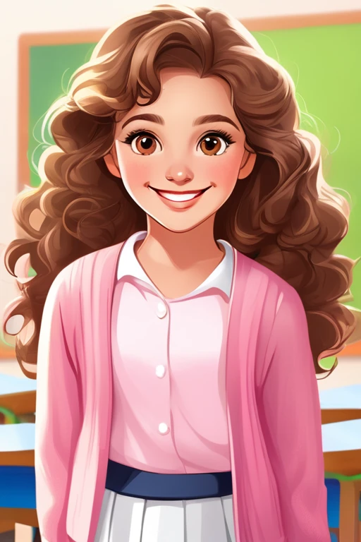 A beautiful young student girl smiling, long brown curls, light brown eyes, white skirt, pink cardigan, in a classroom