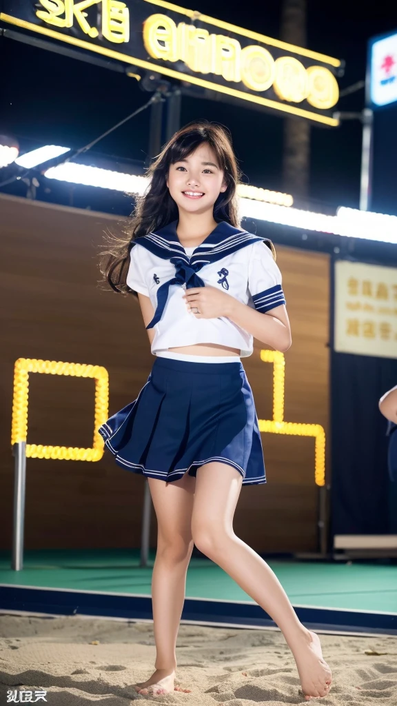 1girl,Asian shopping street at night、A glittering shopping street at night、(((middle finger、ring finger、Asian shopping street at night、Neon Signs、Cyberpunk World、12 year old beautiful girl)))、(((White sand beaches in Okinawa)))、(((Just join your hands and pray)))、(((Mysterious look)))、8k UHD、Digital single-lens reflex camera、High resolution、Shallow depth of field、Natural light、(((Sailor suit)))、(((navy blue super mini skirt)))、(((A sparkling, charming smile)))、(((Full body photography)) )、Small person、(((Young face)))、1 Japanese female、12 years old;beautiful girl、(Black Hair)、A strong wind blows up my skirt、(((Brown eyes)))、Glowing Skin、Smooth Thinning Hair、Long Hair、Detailed background、Detailed eyes and face、Clear Eyes、Cute smile、Calm atmosphere、(((stage)))、(((Small breasts)))、(((Beautiful Eyes)))、Flat chest、Children、(((Toned thighs))) 、(((Angle from below) ))、(((Fine lips)))、(((Skirt fluttering)))、Shining beautiful legs、( Skirt fluttering violently in the strong wind :1.4),   (hair blowing in the strong wind:1.4), (leaning forward)、barefoot、barefoot、((((A skirt flipped up by a strong wind))))