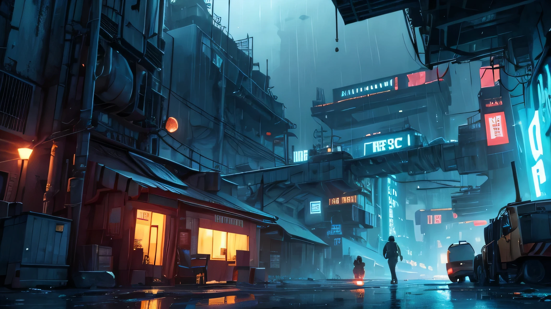 mining town, raining, night, cyberpunk theme, space theme
