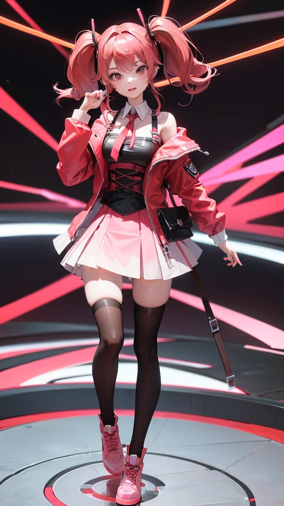girl in a short skirt in knee-length stockings, red-black hair,Twin Tail, full height, 3D wallpaper.