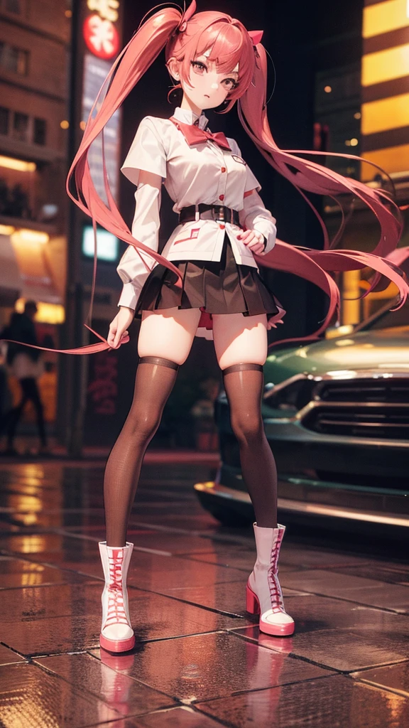 girl in a short skirt in knee-length stockings, red-pink hair,Twin Tail, full height, 3D wallpaper.