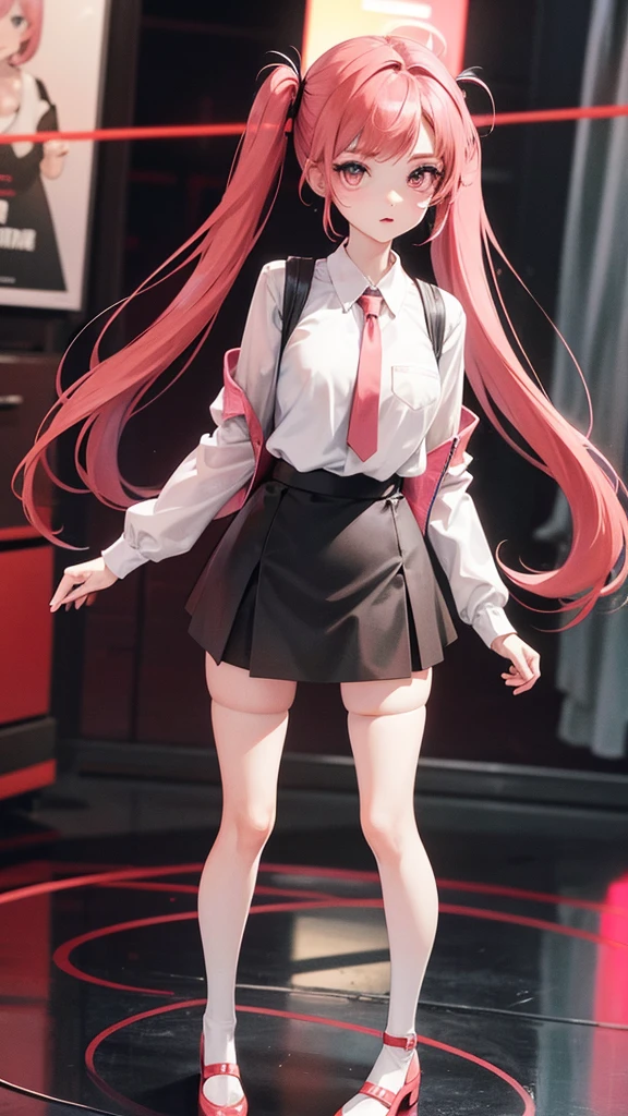 girl in a short skirt in knee-length stockings, red-pink hair,Twin Tail, full height, 3D wallpaper.