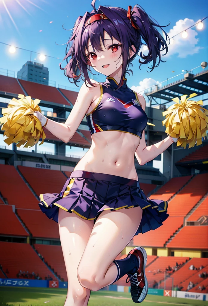 yuukikonno, yuuki konno, hair band, Long Hair, Pointed Ears, Purple Hair, (Red eyes:1.5), (Small breasts:1.2), Open your mouth wide,(Very delicate eyes), (cheer leading), (whole body),smile,blush,Lower, (Sweaty), Sweaty Wet Clothes, (Purple clothes), Pleated skirt,Black socks,sneakers,Belly-baring support, playground, (Jump), (Jump), 足を曲げてJumpする, air, blue sky, Grass原, smile,Cheerleader, Pom-pom \(cheer leading\), Grass, smile,
break looking at viewer, whole body,(Cowboy Shot:1. 5) ,
break outdoors, Stadium,
break (masterpiece:1.2), Highest quality, High resolution, unity 8k wallpaper, (figure:0.8), (Beautiful attention to detail:1.6), Highly detailed face, Perfect lighting, Highly detailed CG, (Perfect hands, Perfect Anatomy),