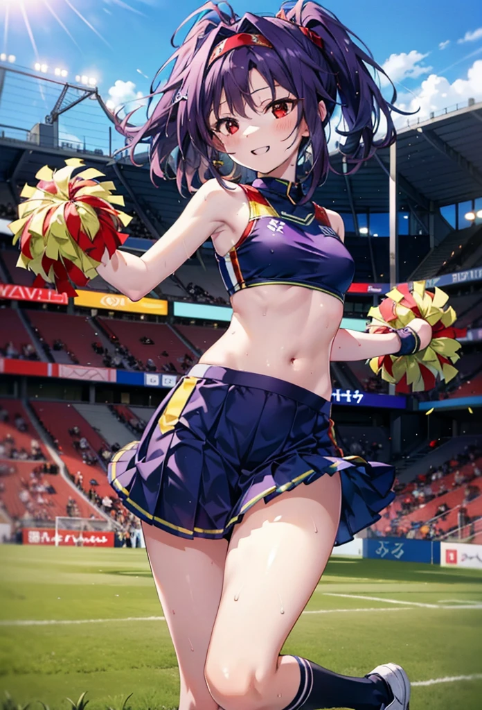 yuukikonno, yuuki konno, hair band, Long Hair, Pointed Ears, Purple Hair, (Red eyes:1.5), (Small breasts:1.2), Open your mouth wide,(Very delicate eyes), (cheer leading), (whole body),smile,blush,Lower, (Sweaty), Sweaty Wet Clothes, (Purple clothes), Pleated skirt,Black socks,sneakers,Belly-baring support, playground, (Jump), (Jump), 足を曲げてJumpする, air, blue sky, Grass原, smile,Cheerleader, Pom-pom \(cheer leading\), Grass, smile,
break looking at viewer, whole body,(Cowboy Shot:1. 5) ,
break outdoors, Stadium,
break (masterpiece:1.2), Highest quality, High resolution, unity 8k wallpaper, (figure:0.8), (Beautiful attention to detail:1.6), Highly detailed face, Perfect lighting, Highly detailed CG, (Perfect hands, Perfect Anatomy),