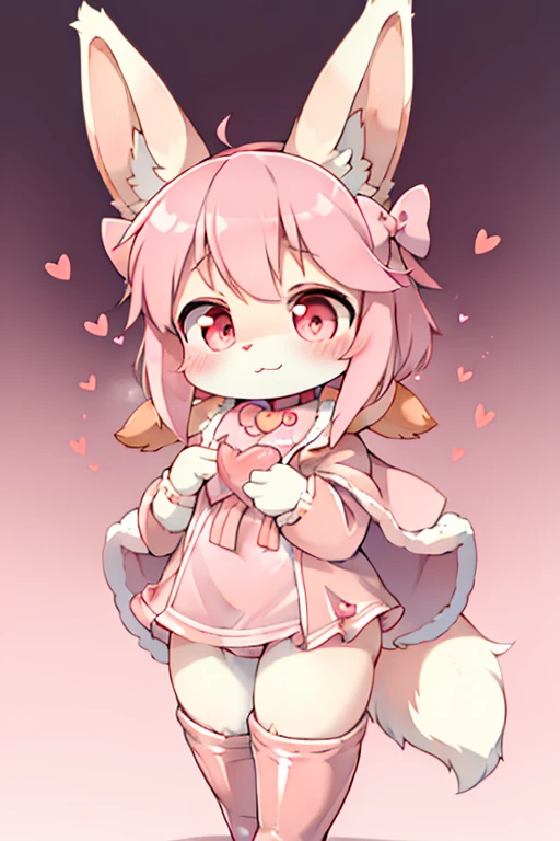 girl, furry, light pink rabbit ears, animal ear fluff, bodyfur, light pink rabbit tail, pink heart budge, pink bow, pink neckerchief, pink sailor collar, pink cloak, light pink puff sleeve shirt, pink skirt, pink rubber gloves, pink wellington boots, chibi, sparkling eyes