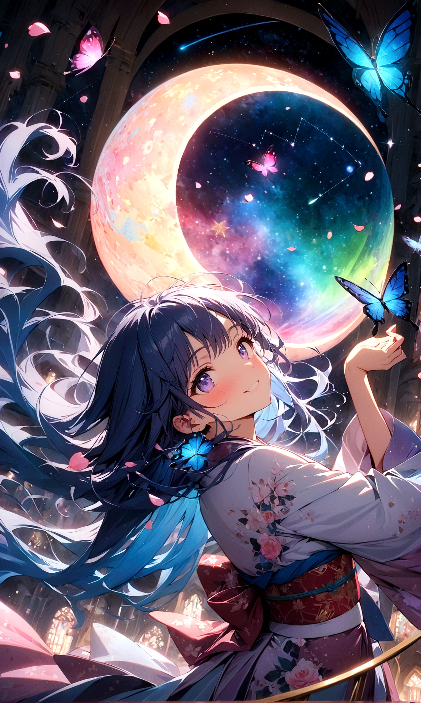 ((masterpiece:1.4)), (best quality), (ultra-detailed), anime style, 1girl, blue hair, long hair, musical note, shooting star, space, galaxy, aurora, seven-colored light, red rose, purple rose, white rose, close-up of face, butterfly, constellation, girl riding on a crescent moon, nebula, cherry blossom petals, stained glass, entire field of stained glass flowers, night cherry blossoms, kimono, blushing, blush, smile, zoom, reflection, planetarium, flowing hair, church, candelabra, dancing patterns.