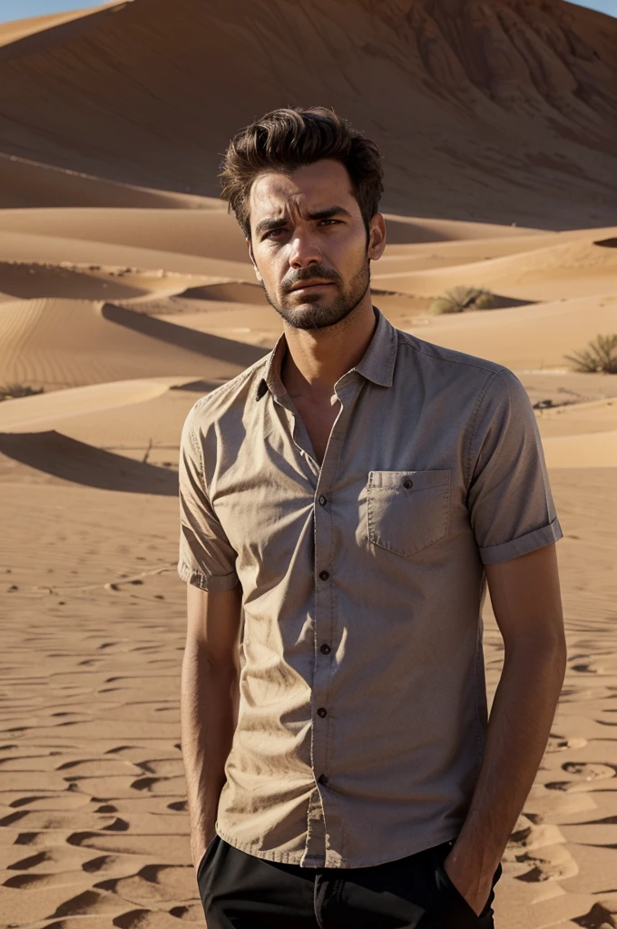 Generate a picture of man with nearly dressed and sleeping sad by seeing sky and helpless and hopeless in desert