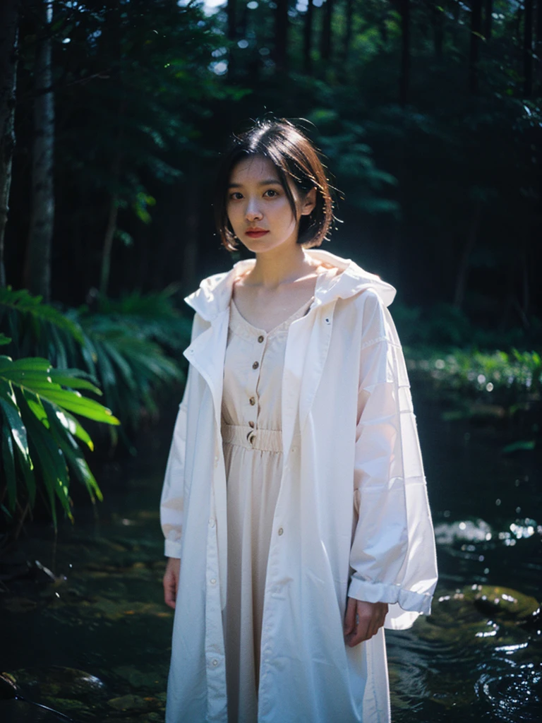 Best quality, ultra high res, full body shot from a danish pretty women wearing white transparent raincoat with floral sundress standing in between fallen trees and looking around, she is submerged in water in the dark swamps, realistic skin, rain drop, dynamic light and shadow, cinematic lighting, dynamic angle, short hair, perfect face and eyes, zenit analog camera shot with 35mm lens f/2.0, beautiful bokeh, cinematic film looks, aesthetic photorealistic, original photo in 2024