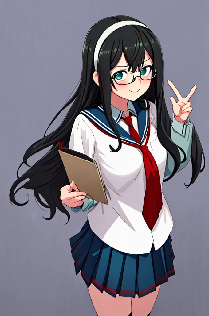 best quality, masterpiece, highres, solo, {ooyodo_kantaicollection:1.15}, black_hair, long_hair, glasses, hairband, semi-rimless_eyewear, under-rim_eyewear, blue_eyes, green_eyes, blush,small_breasts, 1girl, school_uniform, serafuku, pleats_skirt, looking_at_viewer, necktie, harbor_school_background, red_necktie,angry,smile,Proudly