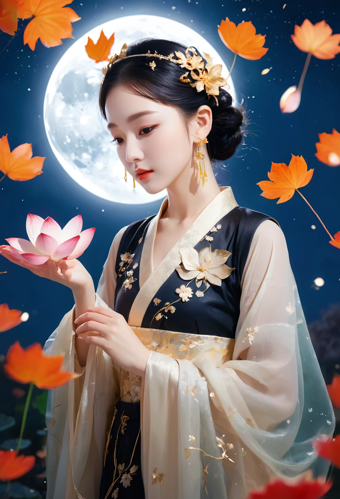 (masterpiece, best quality:1.2), full moon,Normal size moon,moonlight,1girl,Girl's posture,black hair,cloud,dress,earrings,falling leaves,falling petals,flower,ginkgo leaf,Duo Lianhua Lian Ye,Close range,Looking at the camera,Headwear,Diagonal body,upper body,above buttocks,Holding a lotus flower in both hands,night,hanfu,holding,jewelry,leaf,leaves in wind,lips,maple leaf,night sky,outdoors,petals,rose petals,sky,solo,water,hand,Light particle skin,Light particle energy fluid,Light particles covering the body,Light Particle Art,Light particle effects,XCYP Lady Hand,