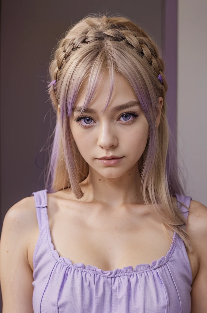 Anime girl who is a queen with purple eyes and ash blonde hair